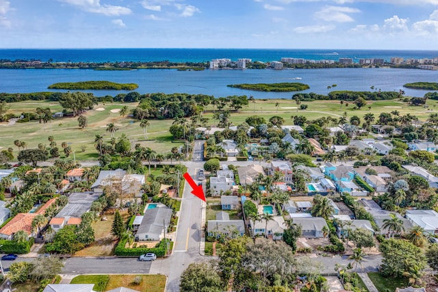 drone / aerial view with a water view