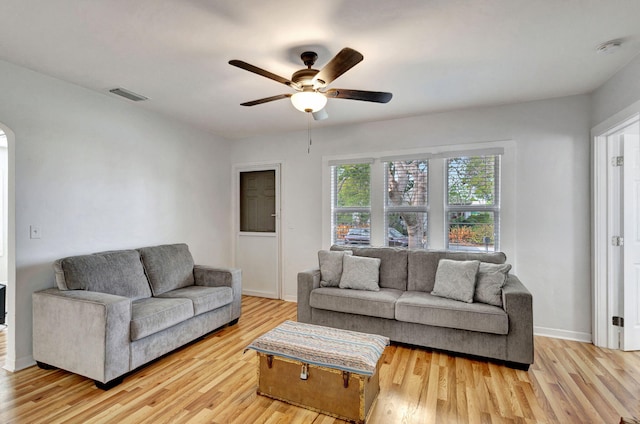 living room featuring ceiling fan and light hardwood / wood-style flooring