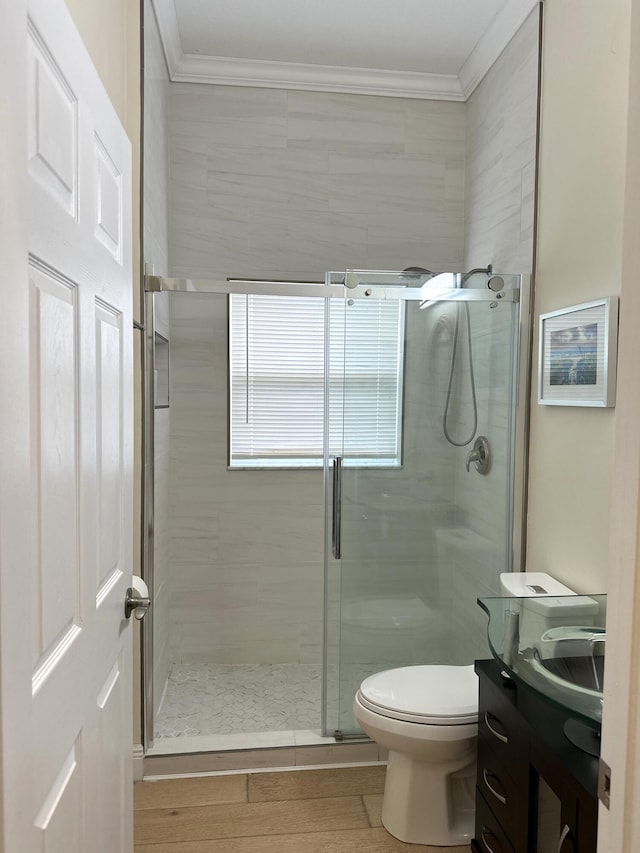 bathroom featuring vanity, toilet, an enclosed shower, and ornamental molding