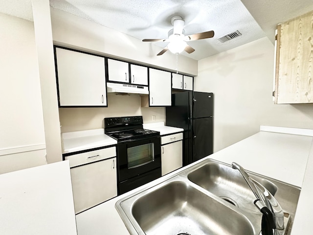 kitchen featuring black appliances, sink, ceiling fan, a textured ceiling, and white cabinetry