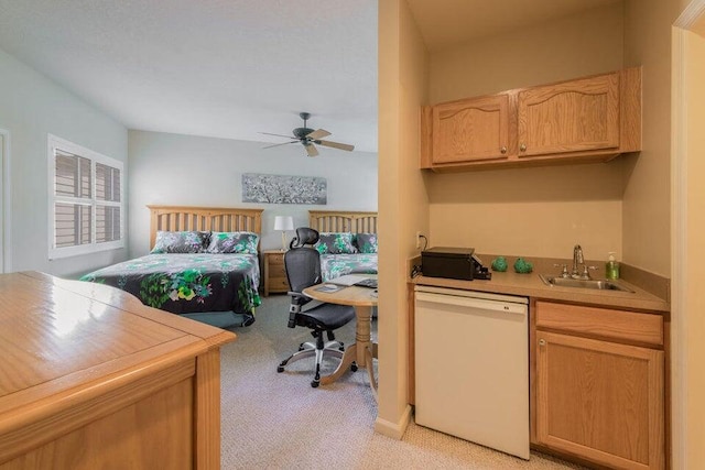 bedroom featuring ceiling fan, sink, and light carpet