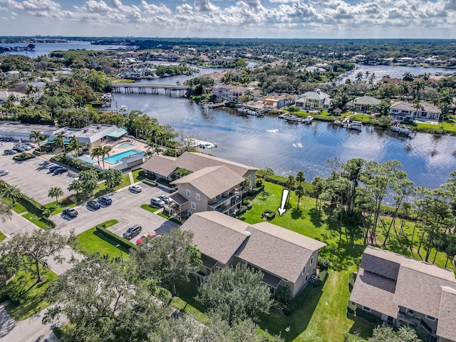 aerial view featuring a water view