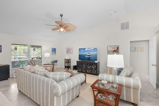 living room featuring high vaulted ceiling and ceiling fan