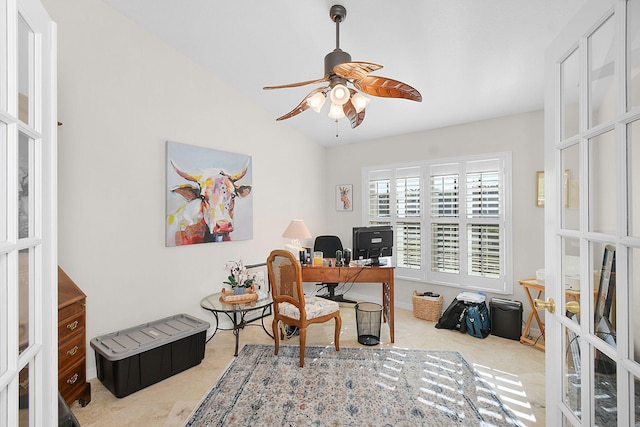 carpeted office featuring ceiling fan and french doors