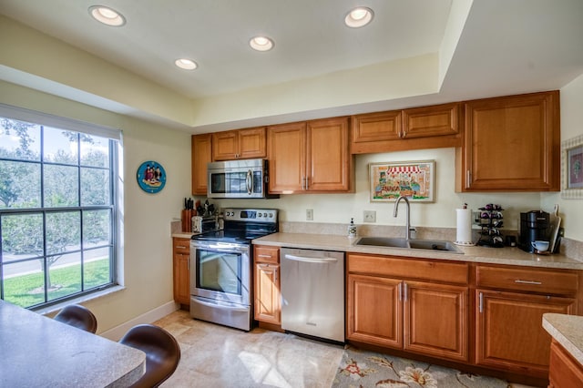 kitchen with sink, appliances with stainless steel finishes, and a tray ceiling