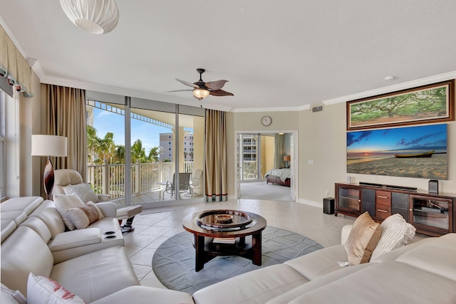 tiled living room featuring a wall of windows, ceiling fan, and crown molding