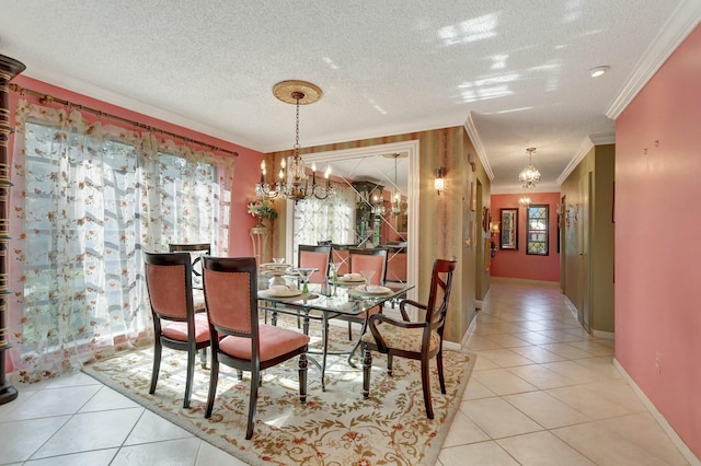 tiled dining area with a textured ceiling, an inviting chandelier, and crown molding