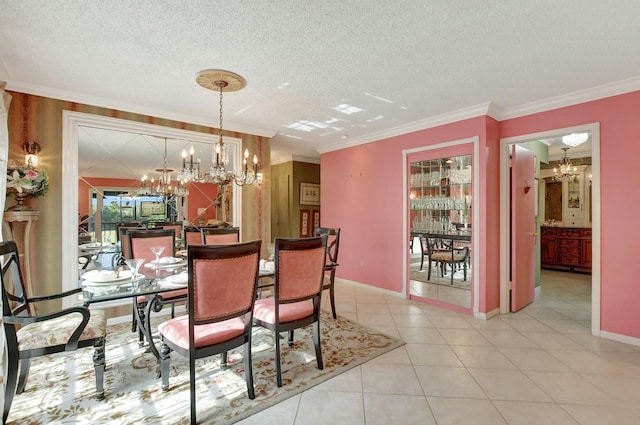 tiled dining room featuring ornamental molding, a textured ceiling, and a chandelier