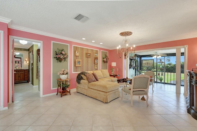 living room with a textured ceiling, crown molding, light tile patterned floors, and ceiling fan with notable chandelier