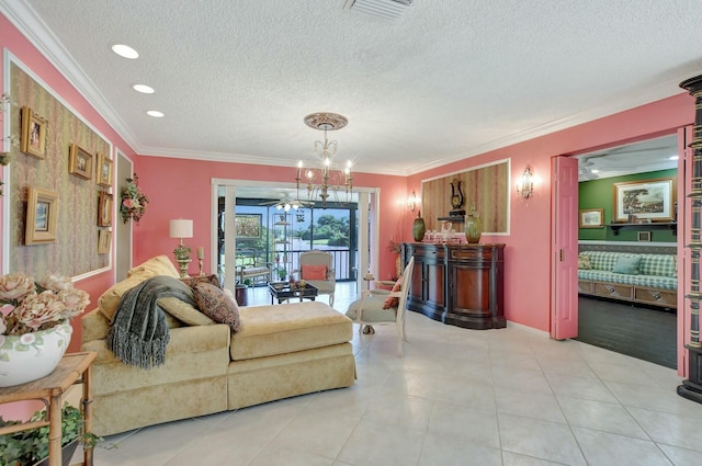 living room with light tile patterned flooring, crown molding, a textured ceiling, and a chandelier