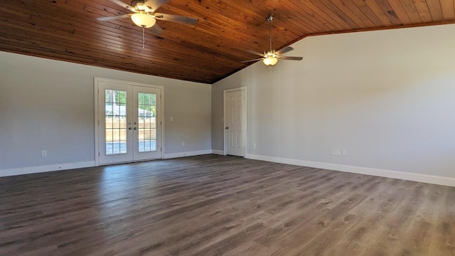 empty room featuring dark hardwood / wood-style floors, french doors, wood ceiling, and vaulted ceiling