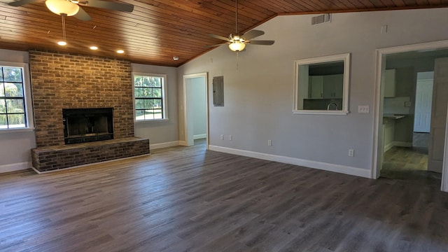 unfurnished living room featuring ceiling fan, a fireplace, wood ceiling, and dark hardwood / wood-style floors