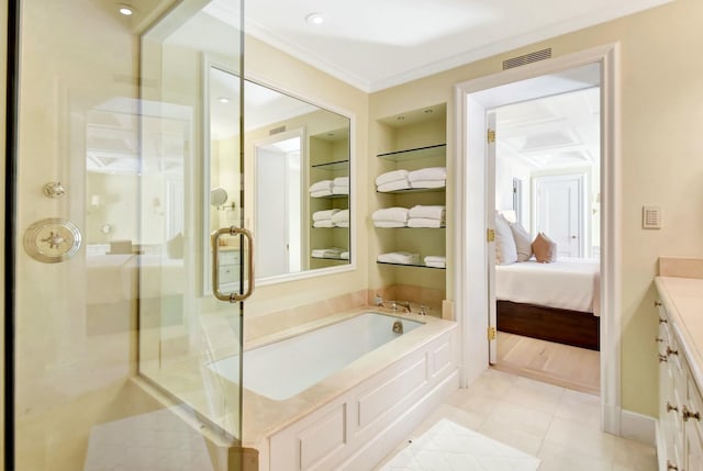 bathroom with built in shelves, tile patterned floors, crown molding, vanity, and independent shower and bath