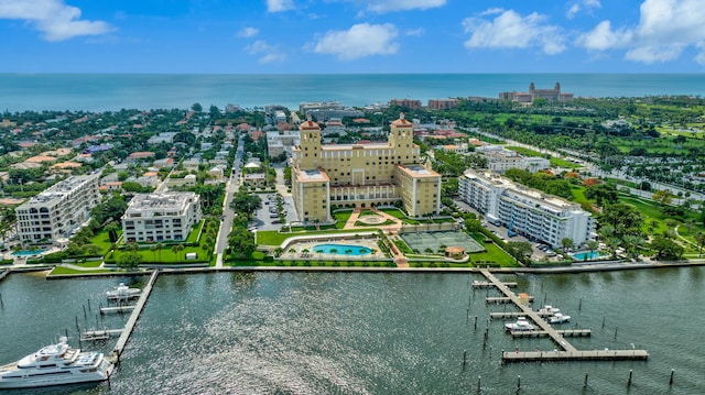 aerial view featuring a water view