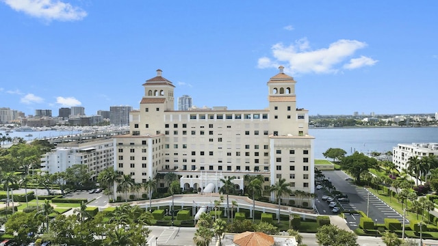 view of building exterior with a water view