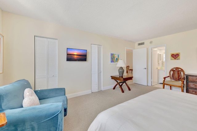 carpeted bedroom with ensuite bathroom and two closets