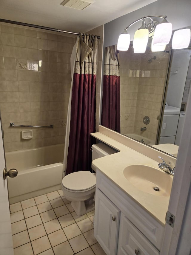 full bathroom featuring tile patterned flooring, vanity, shower / bath combination with curtain, and toilet