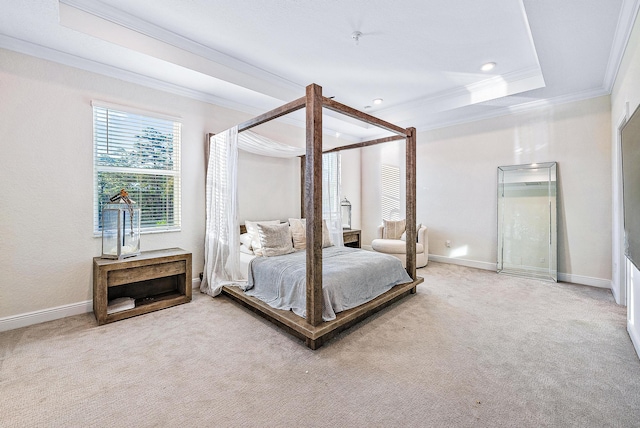 carpeted bedroom with a tray ceiling and ornamental molding