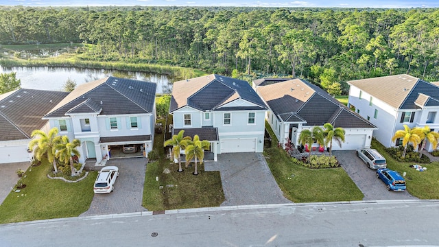 bird's eye view with a water view