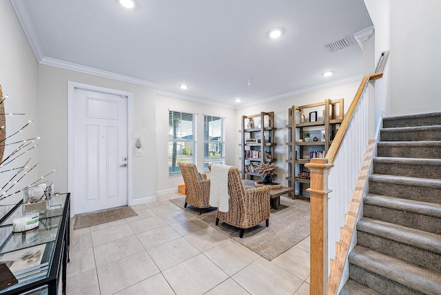 tiled living room featuring crown molding