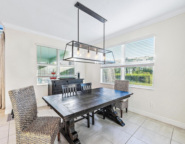 tiled dining space with crown molding