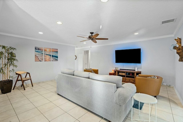 tiled living room with crown molding, ceiling fan, and a textured ceiling