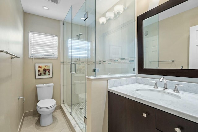 bathroom with tile patterned flooring, vanity, toilet, and a shower with door