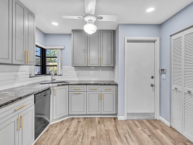 kitchen featuring dark stone countertops, decorative backsplash, gray cabinets, and black dishwasher