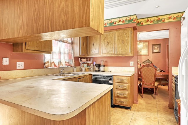 kitchen featuring kitchen peninsula, sink, light tile patterned floors, dishwasher, and stainless steel electric range oven