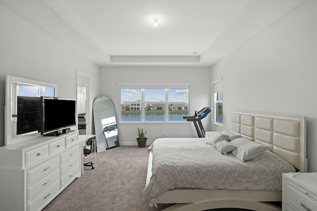 bedroom featuring light carpet, baseboards, and a tray ceiling