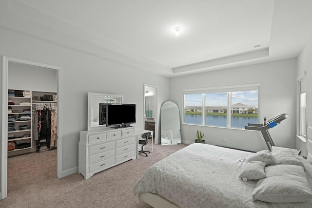 bedroom featuring light carpet, a spacious closet, baseboards, and a raised ceiling