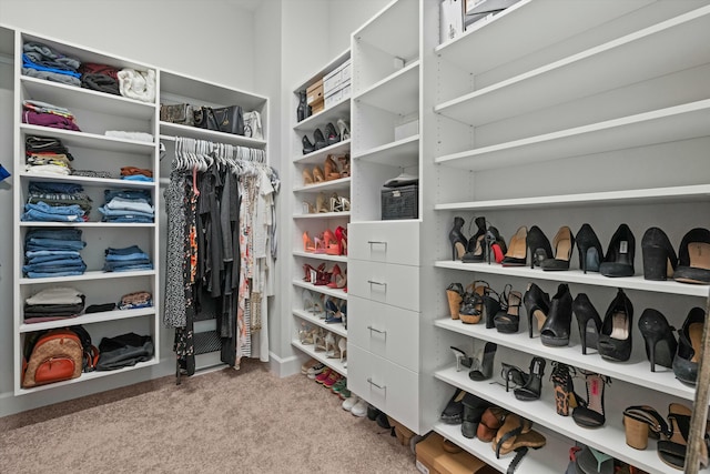 walk in closet featuring light carpet