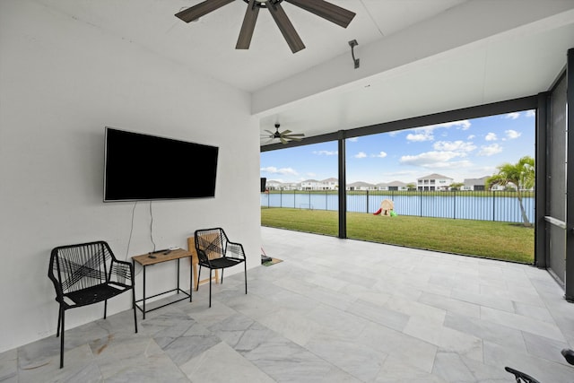 view of patio / terrace with a fenced backyard and ceiling fan