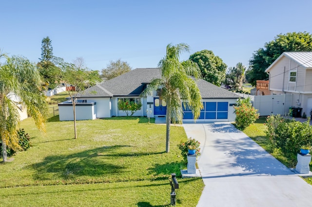 view of front of home with a garage and a front lawn