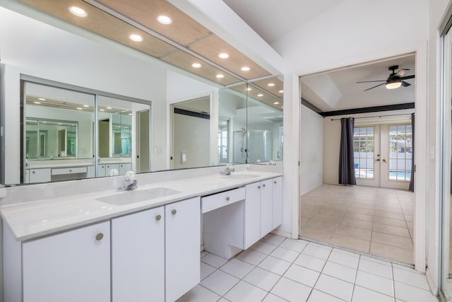 bathroom with french doors, vanity, tile patterned floors, and ceiling fan