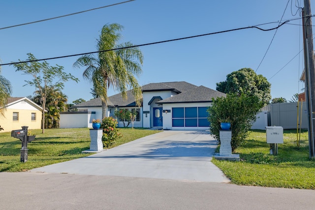 view of front of property with a garage and a front yard