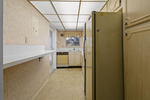 kitchen with dishwashing machine, a drop ceiling, refrigerator, and sink