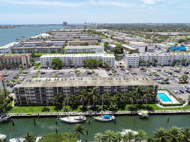 aerial view featuring a water view