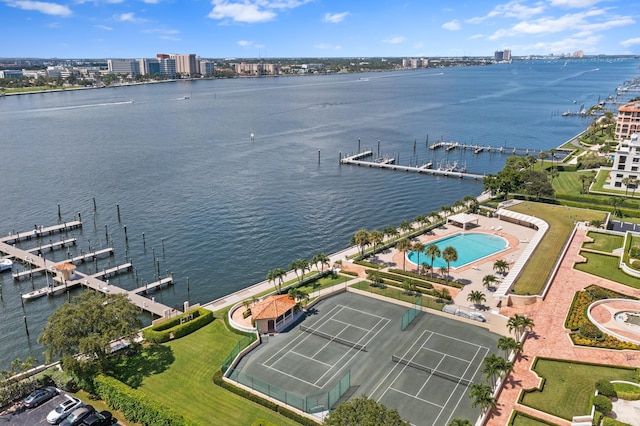 aerial view featuring a water view