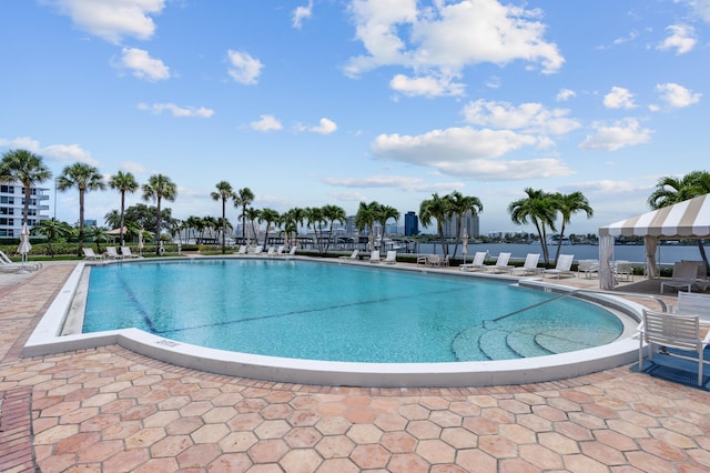 view of swimming pool featuring a patio area