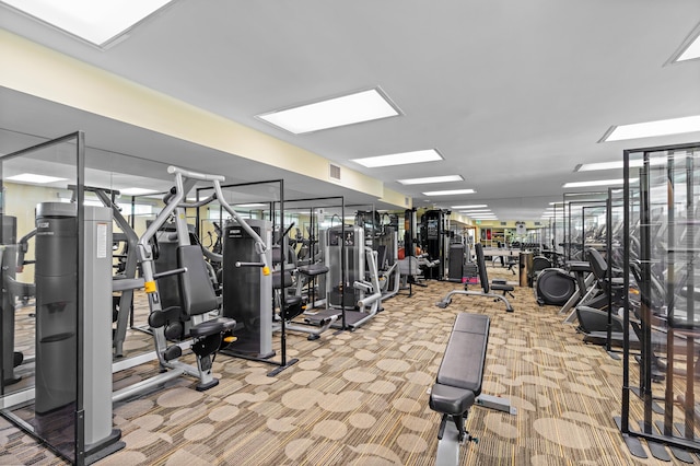 gym featuring light colored carpet