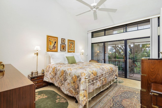 bedroom with access to exterior, ceiling fan, and high vaulted ceiling