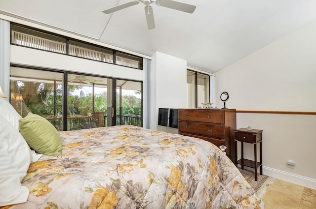 bedroom featuring ceiling fan, access to exterior, and vaulted ceiling