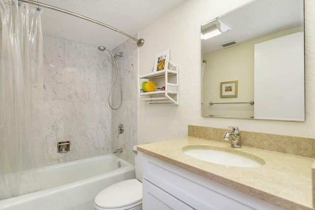 full bathroom with vanity, toilet, shower / bathtub combination with curtain, and a textured ceiling