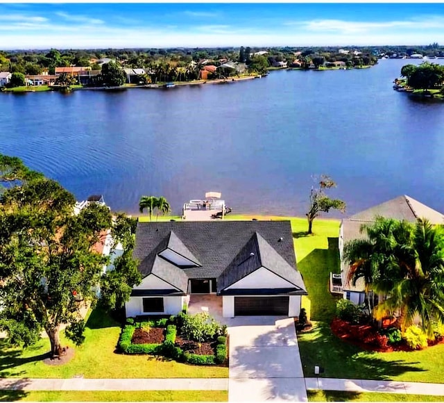 aerial view featuring a water view