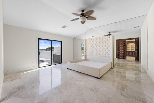 unfurnished bedroom featuring access to outside, ceiling fan, and lofted ceiling