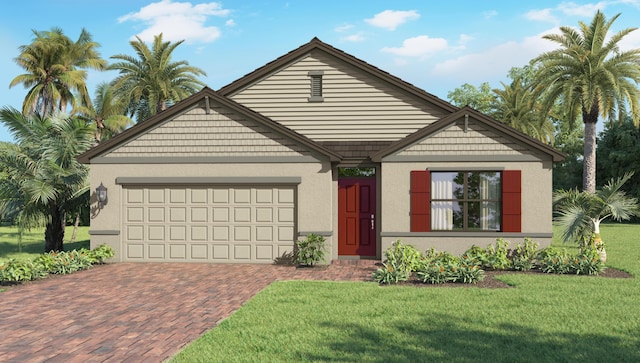 view of front of home featuring stucco siding, a garage, a front yard, and decorative driveway