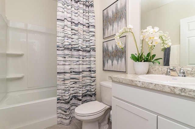 full bathroom with vanity, toilet, and shower / tub combo with curtain