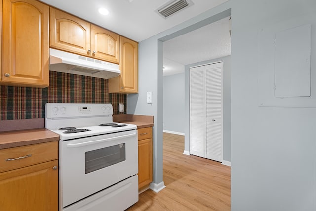 151 SW S River Dr Unit 203, Stuart, FL 34997 - kitchen with white electric range, under cabinet range hood, light wood-type flooring, electric panel, and light countertops