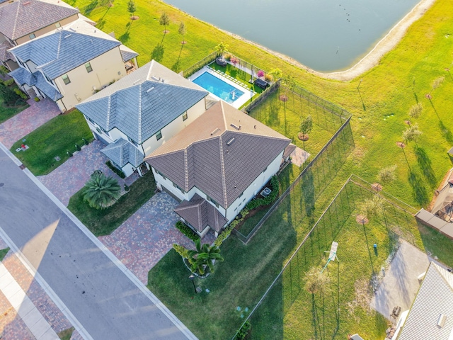 aerial view featuring a water view